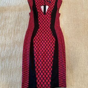 French Connection Elegant Red and Black Geometric Midi Dress